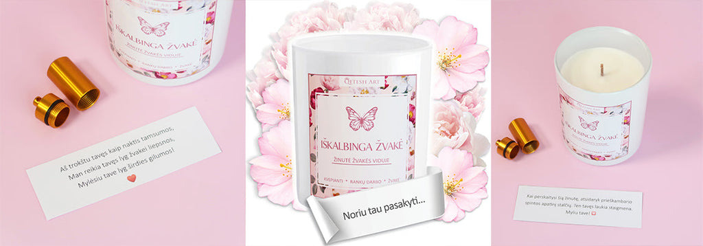 Iškalbinga žvakė su žinute viduje