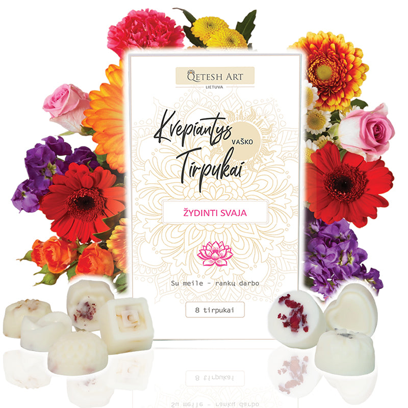 Prabangūs rankų darbo kvepiantys vaško tirpukai „Žydinti svaja“, tirpstantys kvapai namams, natūralūs vaško tirpukai, elegantiška dovana, žydinčių gėlių kvapai, rankų darbo lietuviški vaško tirpukai, aromatingi tirpstantys vaško tirpukai, kvepiantys vaško tirpukai su gėlių dekoracijomis, namų jaukumo ir elegancijos elementas, kvapnūs vaško tirpukai moterims, tirpstantys kvapai prabangai ir romantikai, rankų darbo tirpstantys kvapai su natūraliais eteriniais aliejais, ekologiški vaško tirpukai