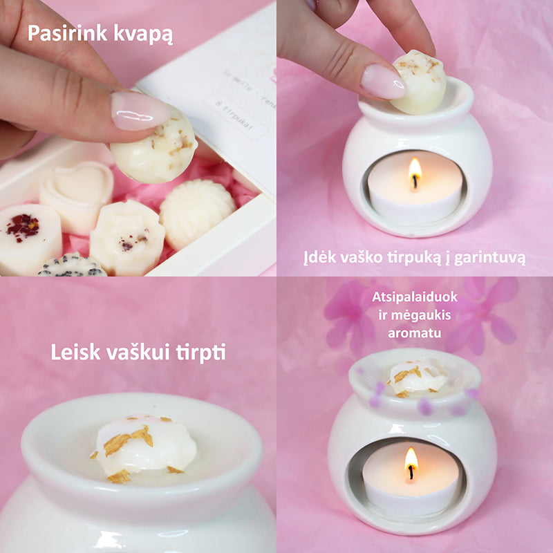 Prabangūs rankų darbo kvepiantys vaško tirpukai „Žydinti svaja“, tirpstantys kvapai namams, natūralūs vaško tirpukai, elegantiška dovana, žydinčių gėlių kvapai, rankų darbo lietuviški vaško tirpukai, aromatingi tirpstantys vaško tirpukai, kvepiantys vaško tirpukai su gėlių dekoracijomis, namų jaukumo ir elegancijos elementas, kvapnūs vaško tirpukai moterims, tirpstantys kvapai prabangai ir romantikai, rankų darbo tirpstantys kvapai su natūraliais eteriniais aliejais, ekologiški vaško tirpukai