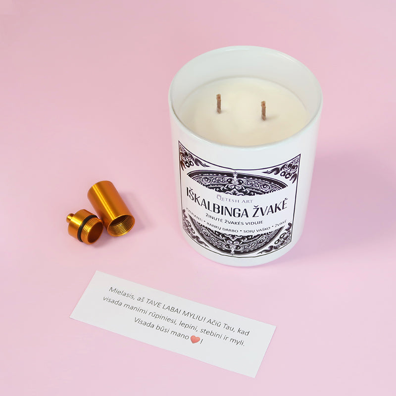 Iškalbinga žvakė su tekstu žvakė su žinute viduje, tai žvake su jūsų tekstu, žinutė žvakė viduje, romantiška dovana, dovanų idėjos gimtadieniui, dovanų idėjos merginai, dovanų idėjos vyrui, dovanos internetu pigiau, originalios dovanos dovanų idėjos, kvepianti aromaterapinė žvakė su tekstu su užrašu su žinute žvakės viduje