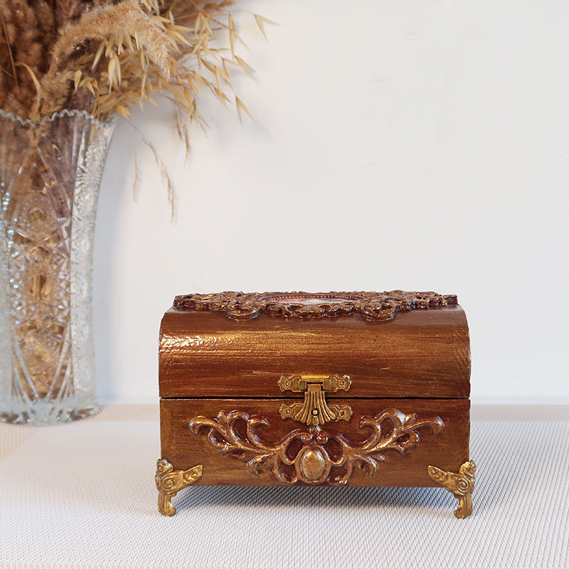 Puošni vintažinio stiliaus rankų darbo medinė dėžutė rudos spalvos auksinė vintažinė dėžutė su aukso akcentais, ideali papuošalams, žiedams, vestuvėms ir kitoms ypatingoms progoms, dovanų idėjos, prabangios rankų darbo dovanos internetu