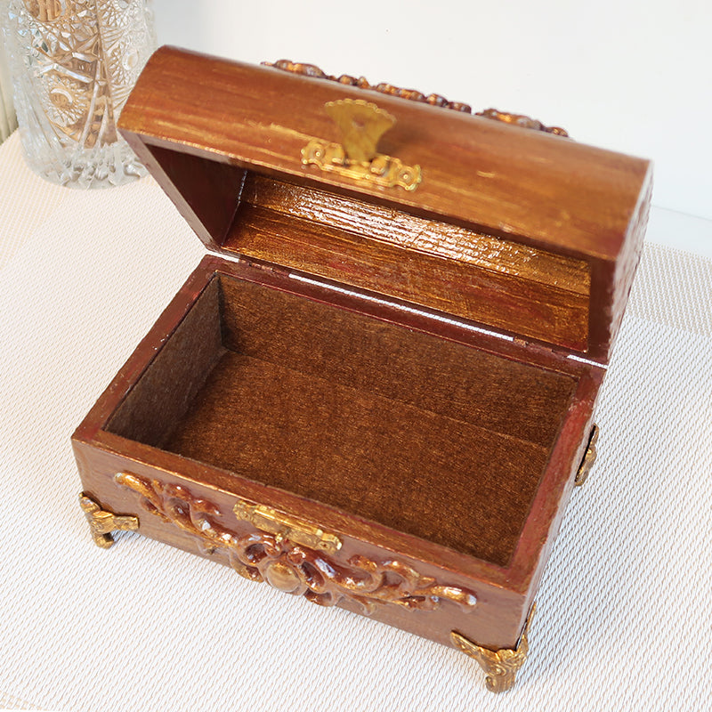 Puošni vintažinio stiliaus rankų darbo medinė dėžutė rudos spalvos auksinė vintažinė dėžutė su aukso akcentais, ideali papuošalams, žiedams, vestuvėms ir kitoms ypatingoms progoms, dovanų idėjos, prabangios rankų darbo dovanos internetu