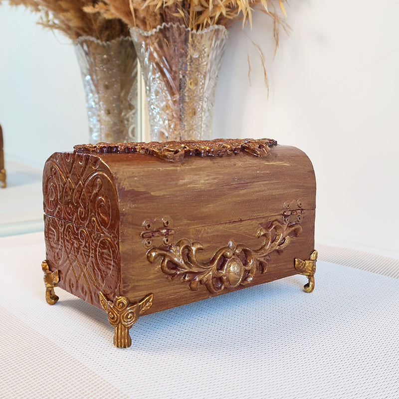 Puošni vintažinio stiliaus rankų darbo medinė dėžutė rudos spalvos auksinė vintažinė dėžutė su aukso akcentais, ideali papuošalams, žiedams, vestuvėms ir kitoms ypatingoms progoms, dovanų idėjos, prabangios rankų darbo dovanos internetu