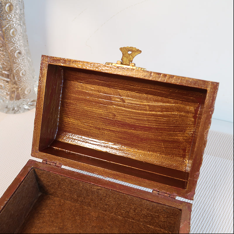 Puošni vintažinio stiliaus rankų darbo medinė dėžutė rudos spalvos auksinė vintažinė dėžutė su aukso akcentais, ideali papuošalams, žiedams, vestuvėms ir kitoms ypatingoms progoms, dovanų idėjos, prabangios rankų darbo dovanos internetu